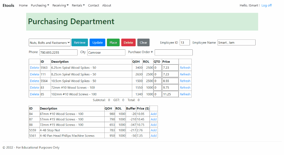 Animated gif of the Purchasing page where suggested items are added and removed