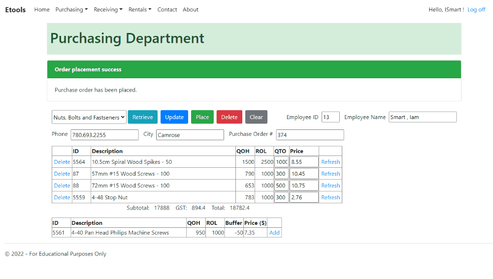 Animated gif of the Purchasing page where the user is attempting to delete a placed order