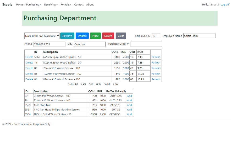 Animated gif of the Purchasing page where the user is attempting to delete a suggested order
