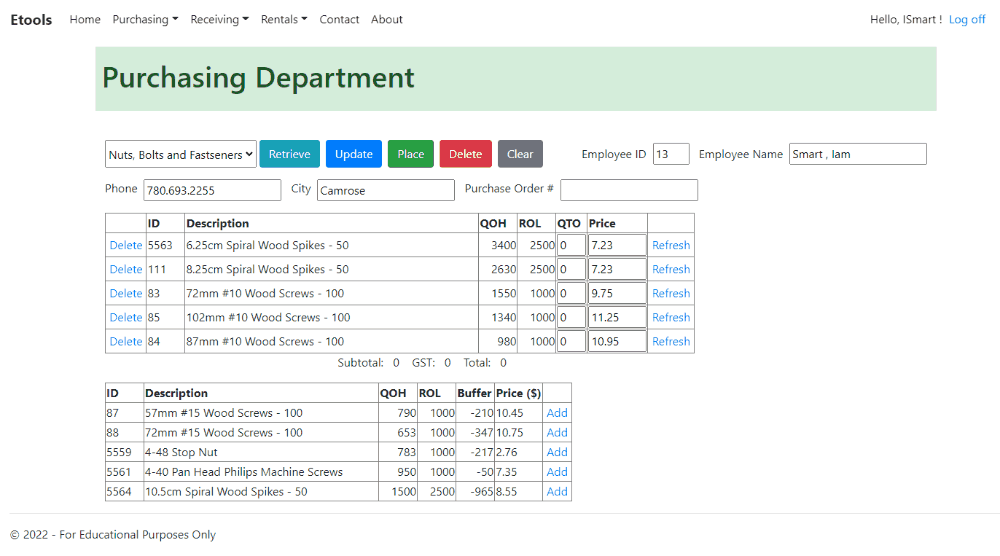 Animated gif of the Purchasing page where an order item's quantity and price are altered