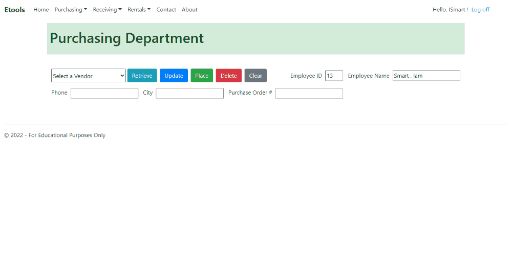Animated gif of the Purchasing page where a vendor is selected
