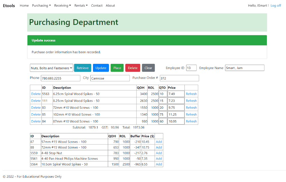 Animated gif of the Purchasing page where the user updates and places anorder