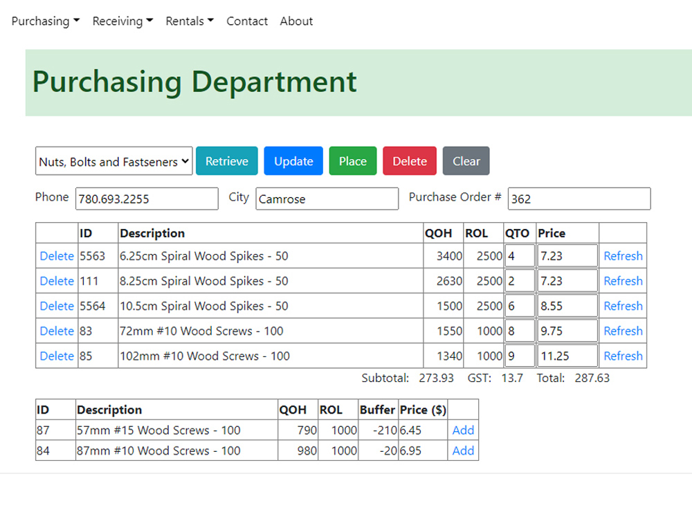 Screenshot of the Etools purchasing page